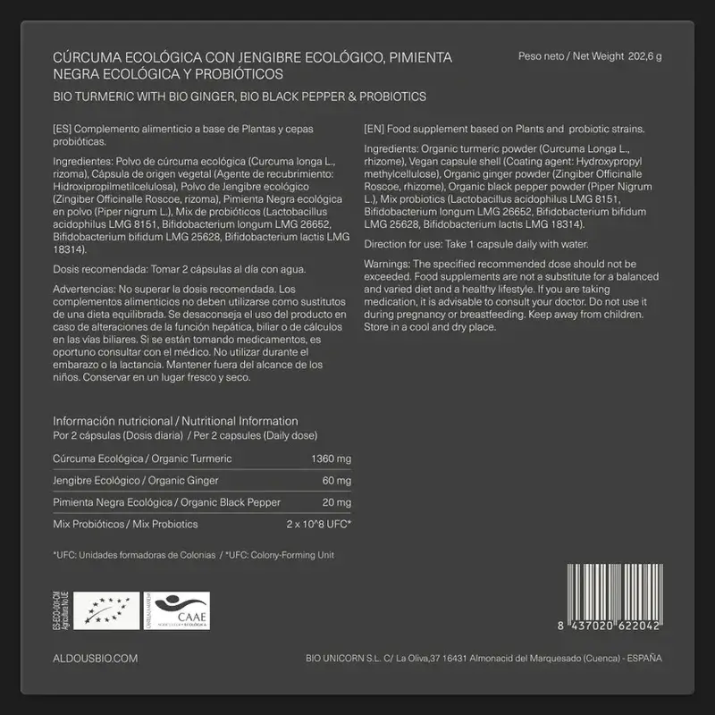 Aldous Bio Cúrcuma Con Jengibre Y Pimienta Negra Con Probióticos, 2X250 Cápsulas - Image 7