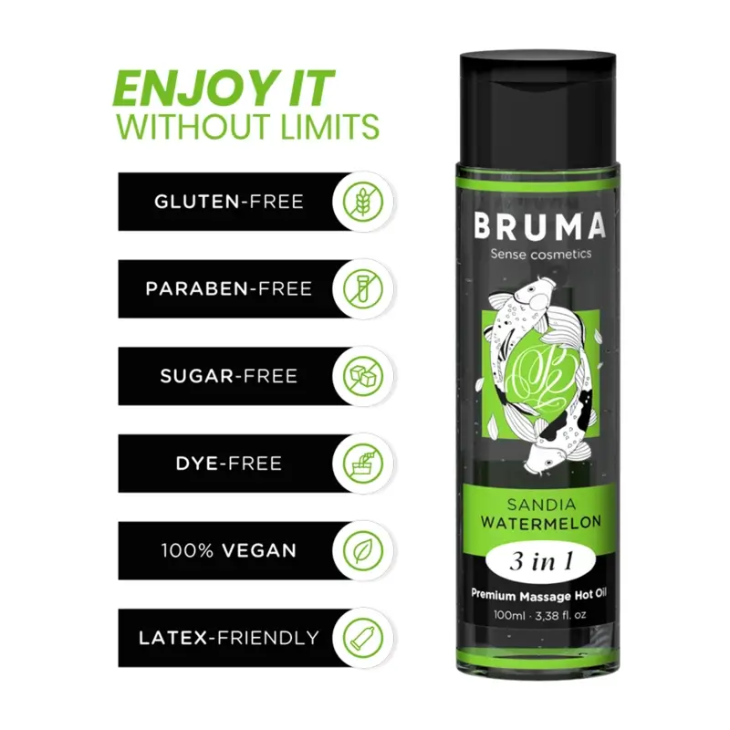 Bruma Aceite De Masaje Premium Efecto Calor Sabor Sandía 3 En 1 , 100 ml