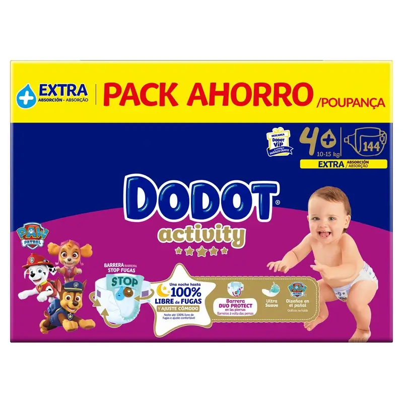 Dodot Activity Talla 4+, 10kg-15kg, 144 Pañales