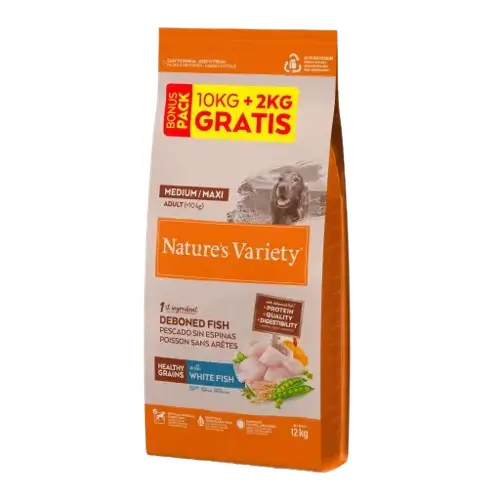 Nature'S Variety Healthy Grain Adult Medium Maxi Pescado Blanco Pienso Para Perros 10+2Kg