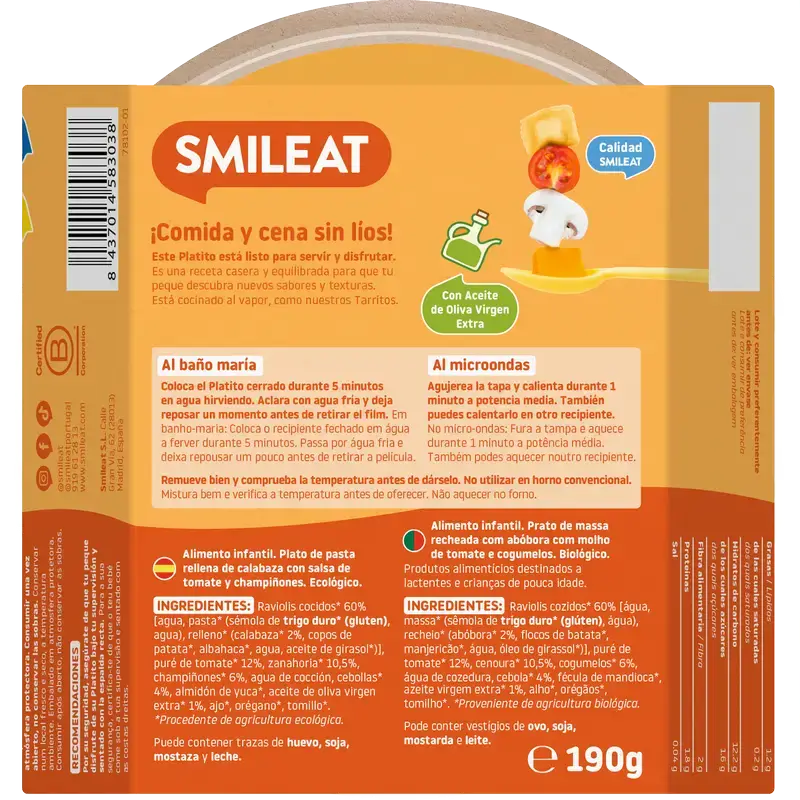 Smileat Platito Raviolis De Calabaza Con Salsa De Tomate Eco, 190 gr - Image 2