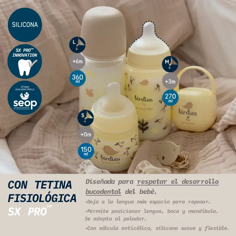 Suavinex Biberón Tetina Sx Pro Flujo Medio (M) +3 Meses Birdies Beige, 270 ml - Image 4