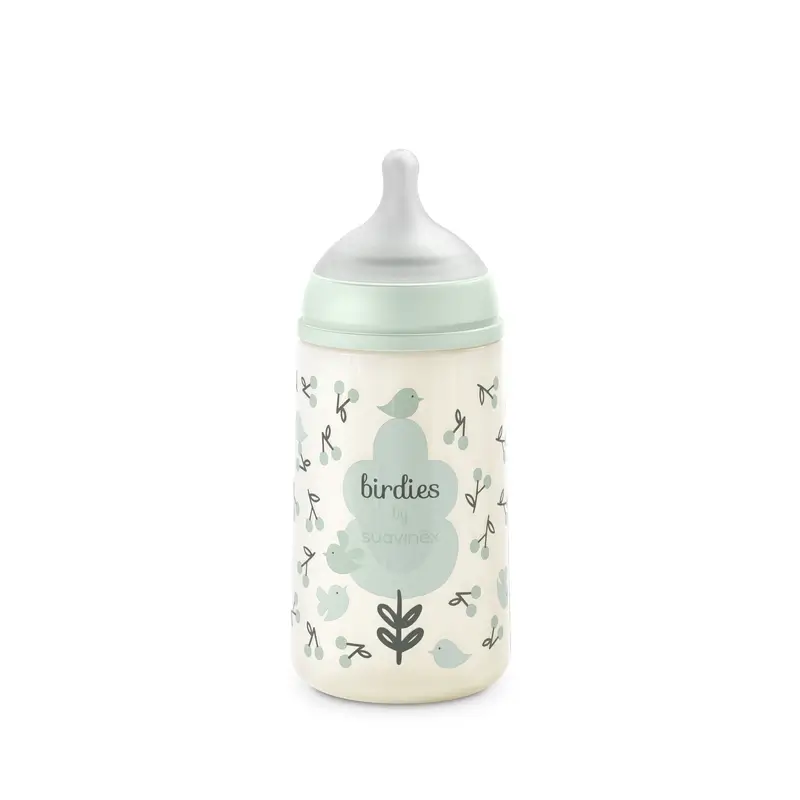 Suavinex Biberón Tetina Sx Pro Flujo Medio (M) +3 Meses Birdies Verde, 270 ml