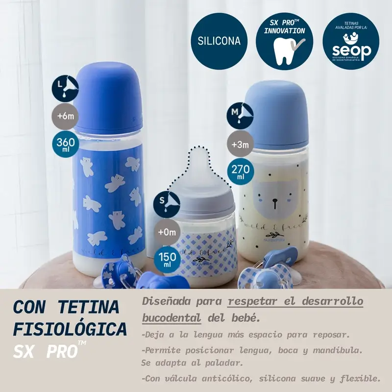 Suavinex Biberón Tetina Sx Pro Flujo Medio (M) +3 Meses Wild&Free Azul, 270 ml - Image 2