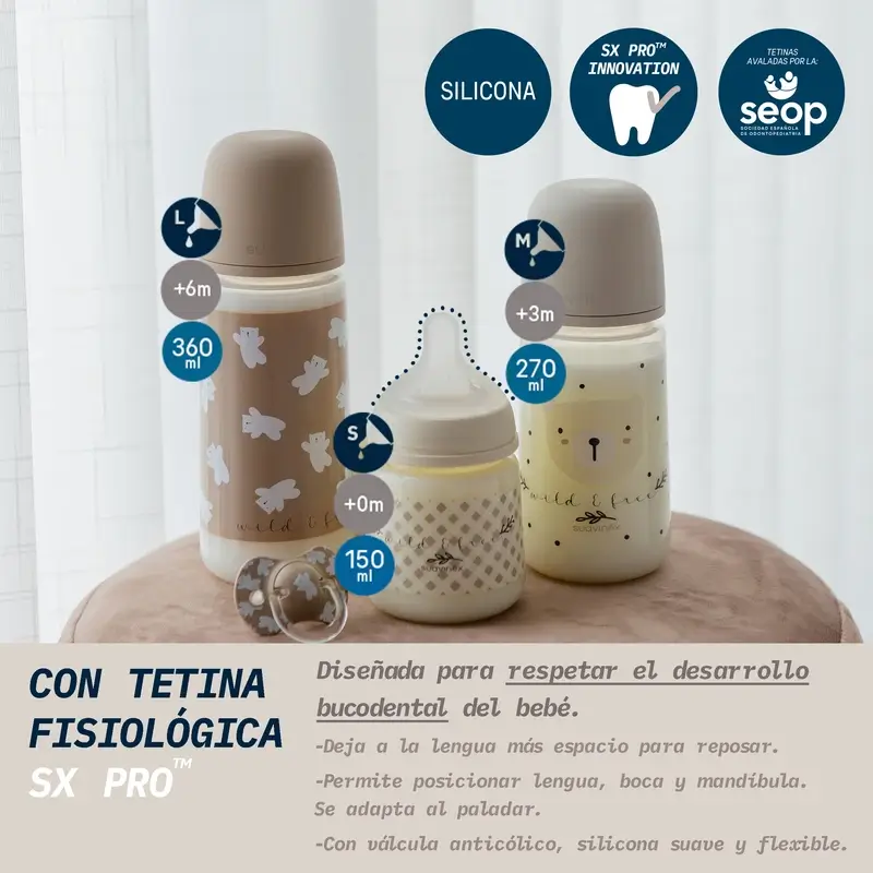 Suavinex Biberón Tetina Sx Pro Flujo Medio (M) +3 Meses Wild&Free Beige, 270 ml - Image 3