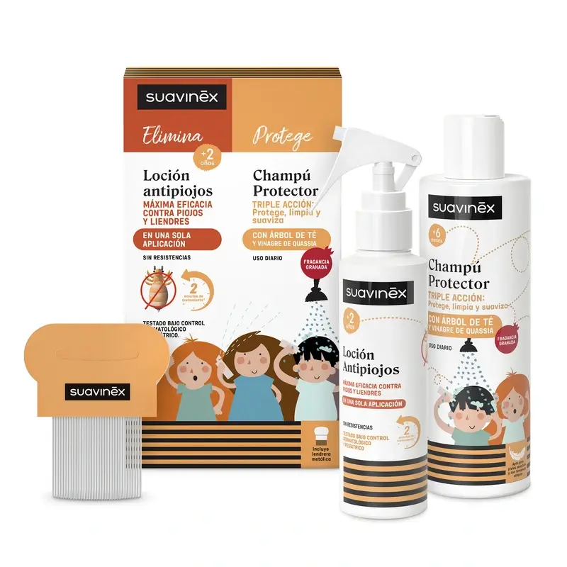 Suavinex Pack Loción Antipiojos 125 Ml + Champú Protector 250 Ml + Lendrera, +2 Años