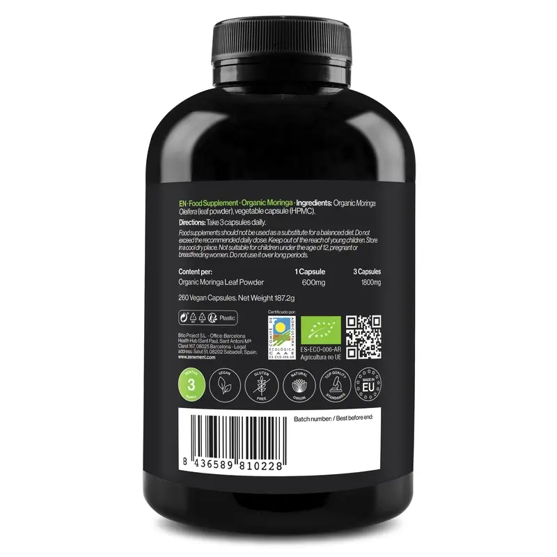 Zenement Moringa Ecológica, 260 cápsulas veganas - Image 2